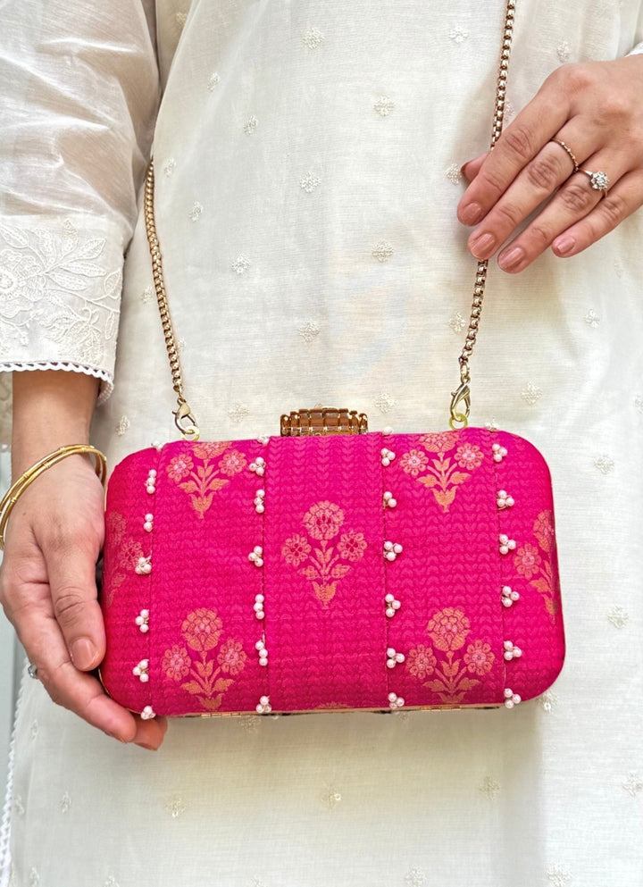 Pink Embroidered Pure Silk Clutch Amyra - Fabilicious Fashion
