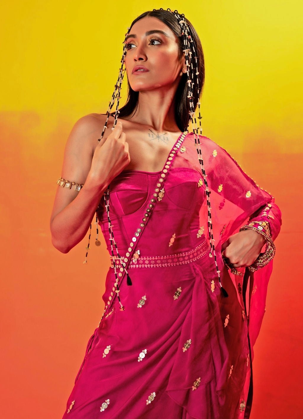Pink Embroidered Ruffled Skirt And Half Cape Set Prahnaaya - Fabilicious Fashion
