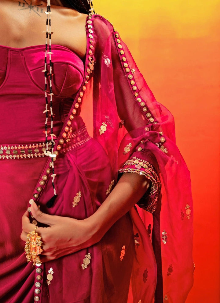 Pink Embroidered Ruffled Skirt And Half Cape Set Prahnaaya - Fabilicious Fashion