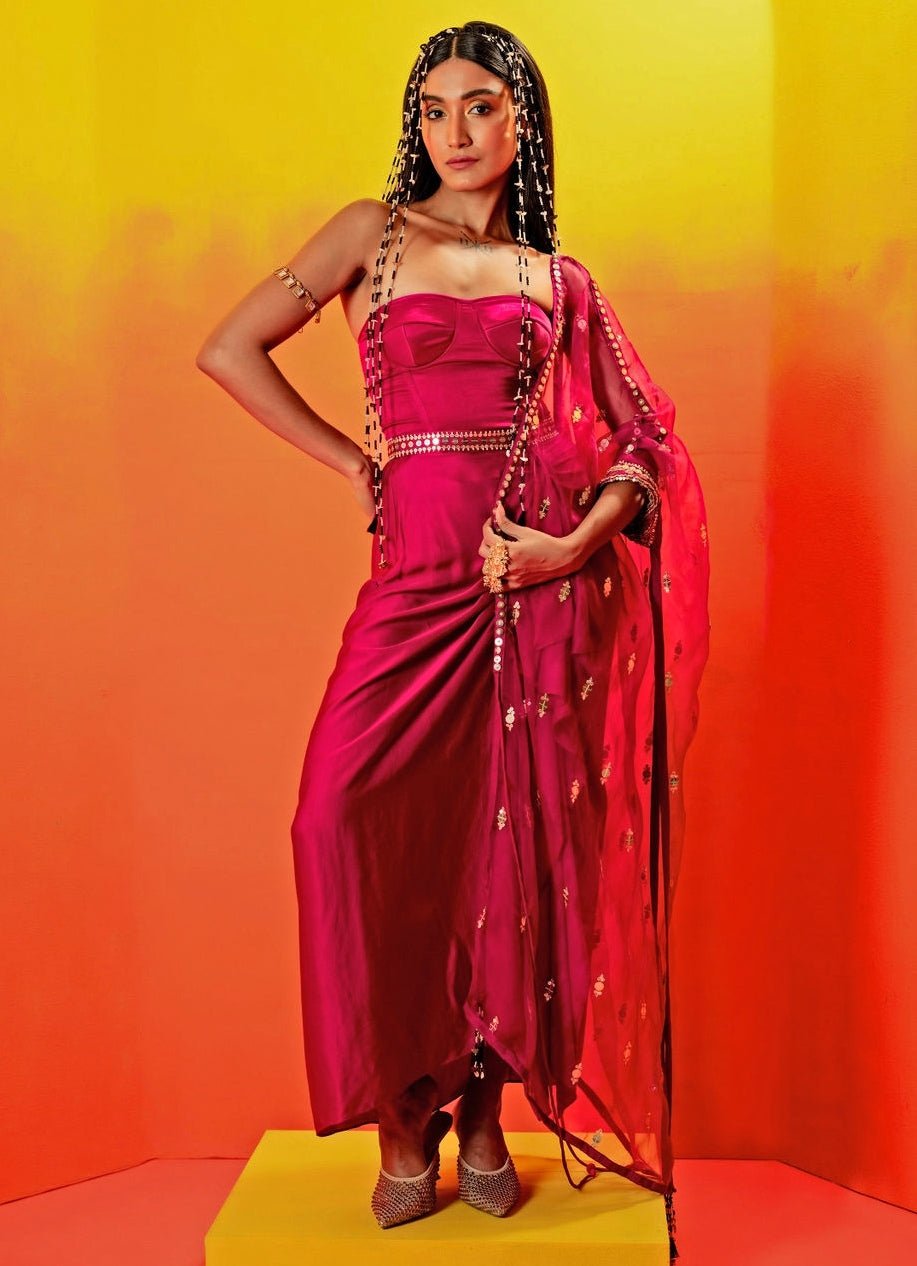 Pink Embroidered Ruffled Skirt And Half Cape Set Prahnaaya - Fabilicious Fashion