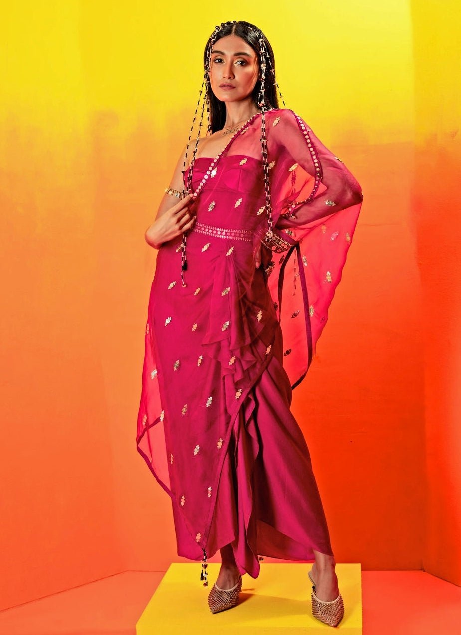 Pink Embroidered Ruffled Skirt And Half Cape Set Prahnaaya - Fabilicious Fashion