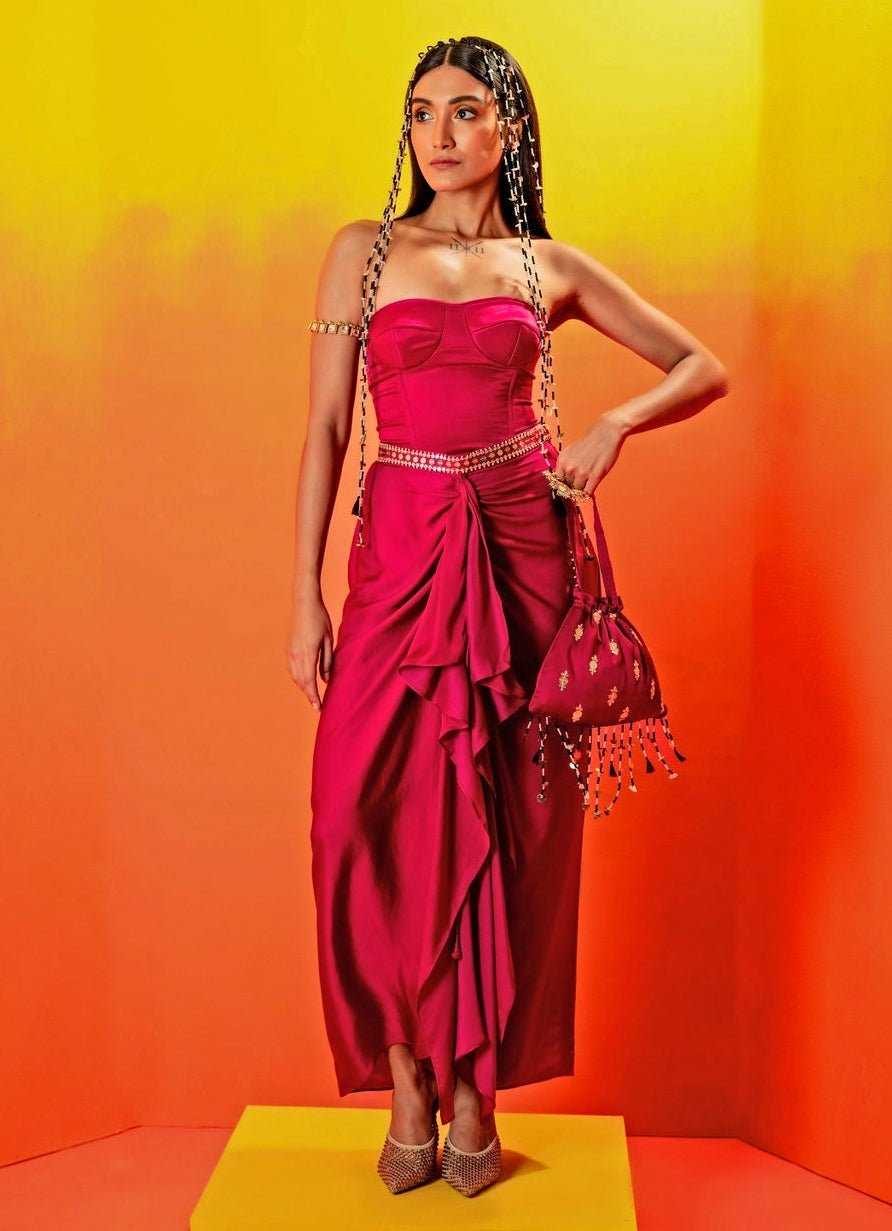 Pink Embroidered Ruffled Skirt And Half Cape Set Prahnaaya - Fabilicious Fashion