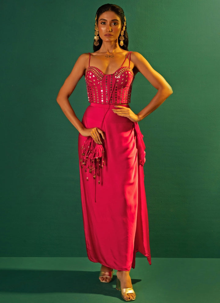 Pink Embroidered Satin Semi - Ruffled Skirt Set With Cape Prahnaaya - Fabilicious Fashion