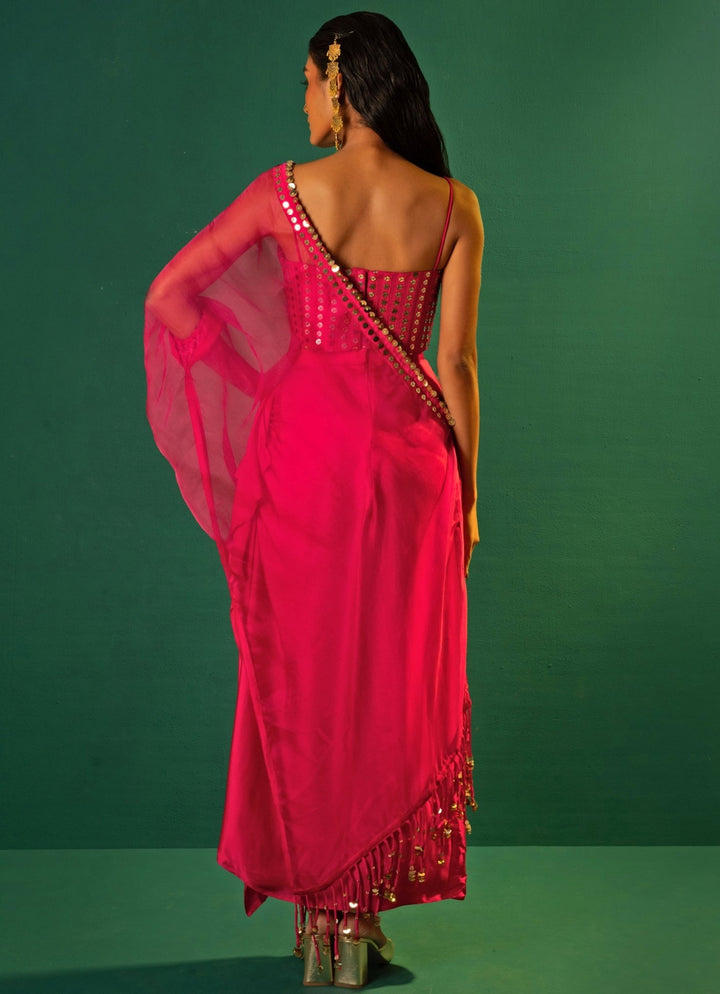Pink Embroidered Satin Semi - Ruffled Skirt Set With Cape Prahnaaya - Fabilicious Fashion