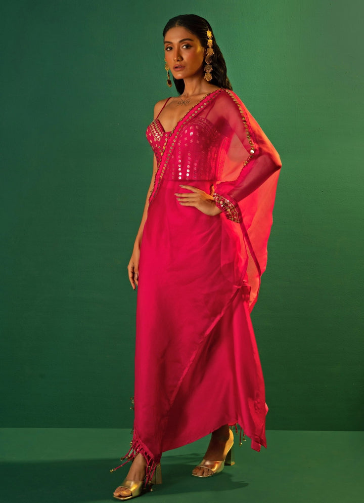 Pink Embroidered Satin Semi - Ruffled Skirt Set With Cape Prahnaaya - Fabilicious Fashion