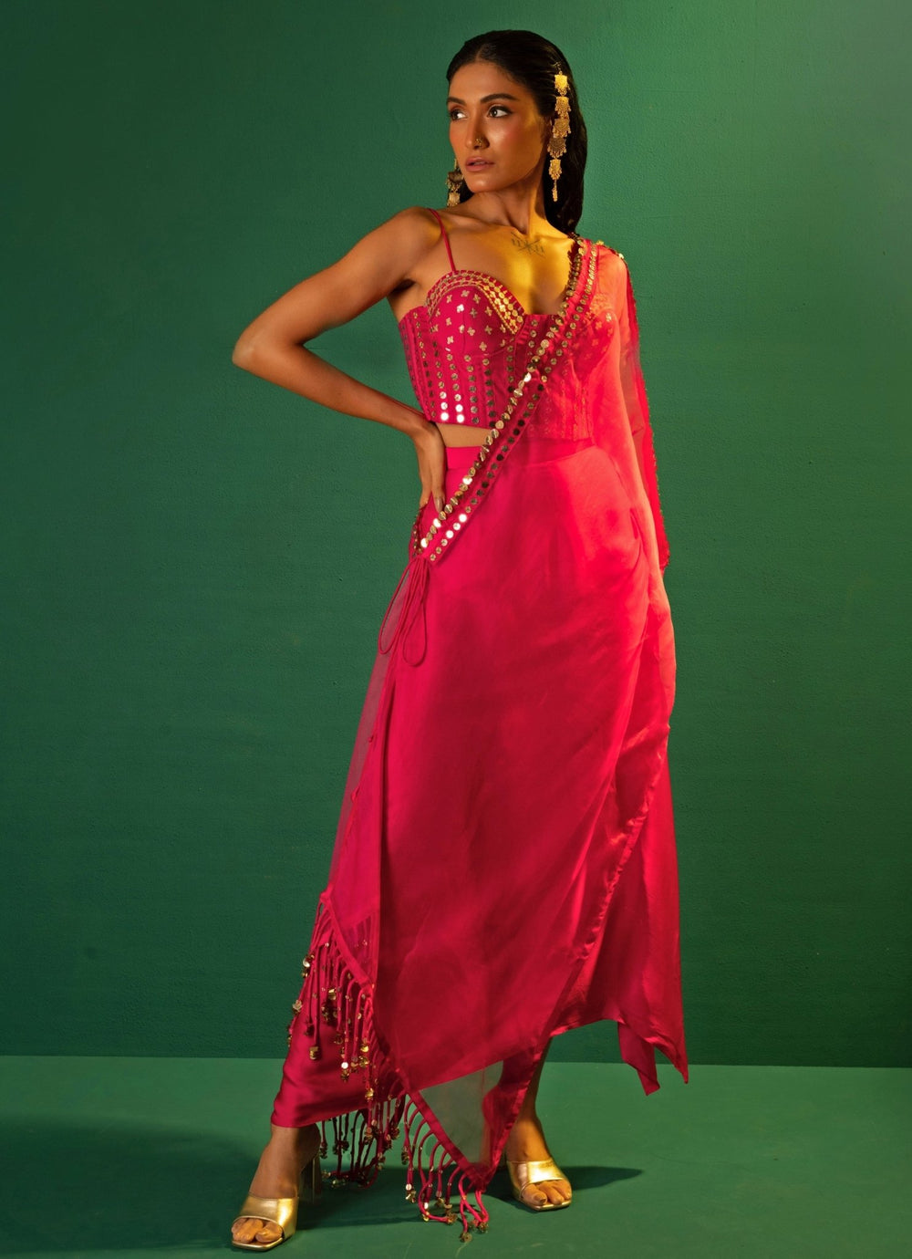 Pink Embroidered Satin Semi - Ruffled Skirt Set With Cape Prahnaaya - Fabilicious Fashion