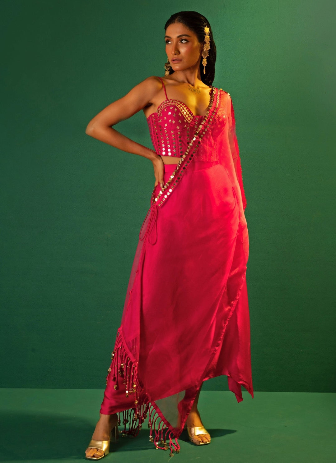 Pink Embroidered Satin Semi - Ruffled Skirt Set With Cape Prahnaaya - Fabilicious Fashion