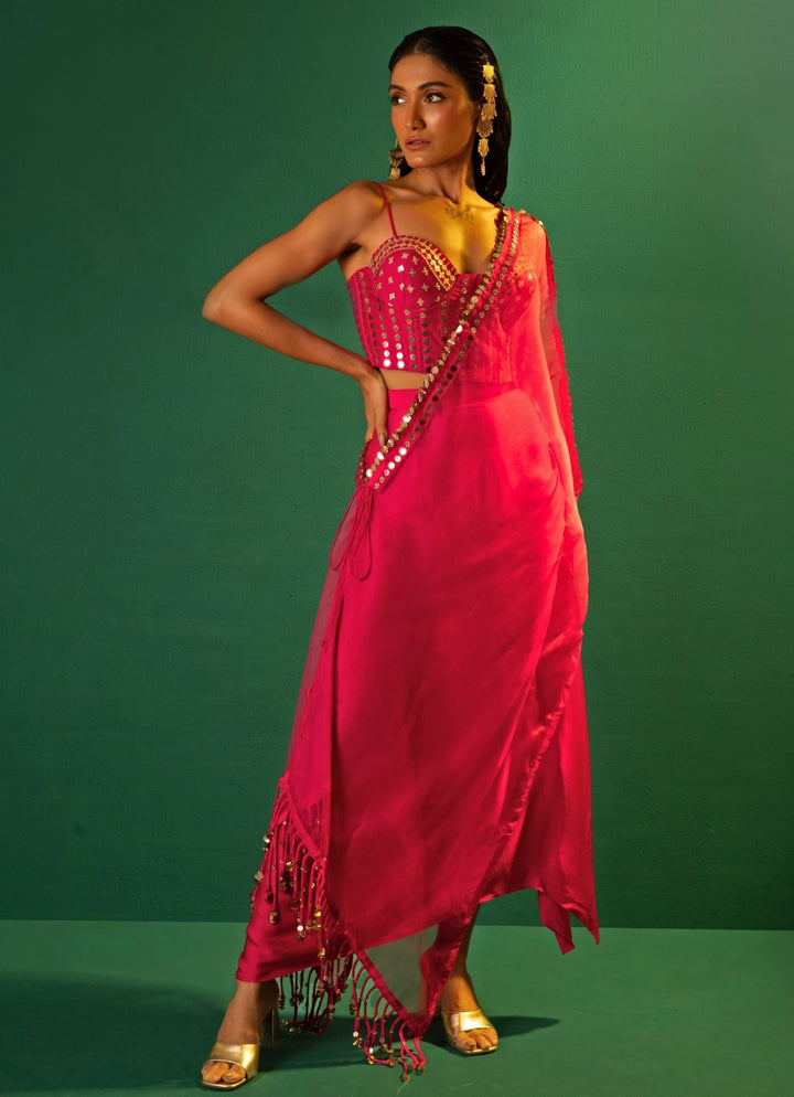 Pink Embroidered Satin Semi - Ruffled Skirt Set With Cape Prahnaaya - Fabilicious Fashion