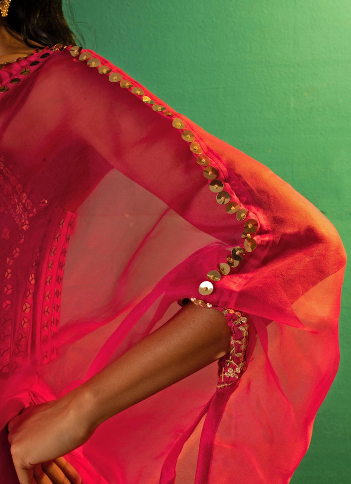 Pink Embroidered Satin Semi - Ruffled Skirt Set With Cape Prahnaaya - Fabilicious Fashion