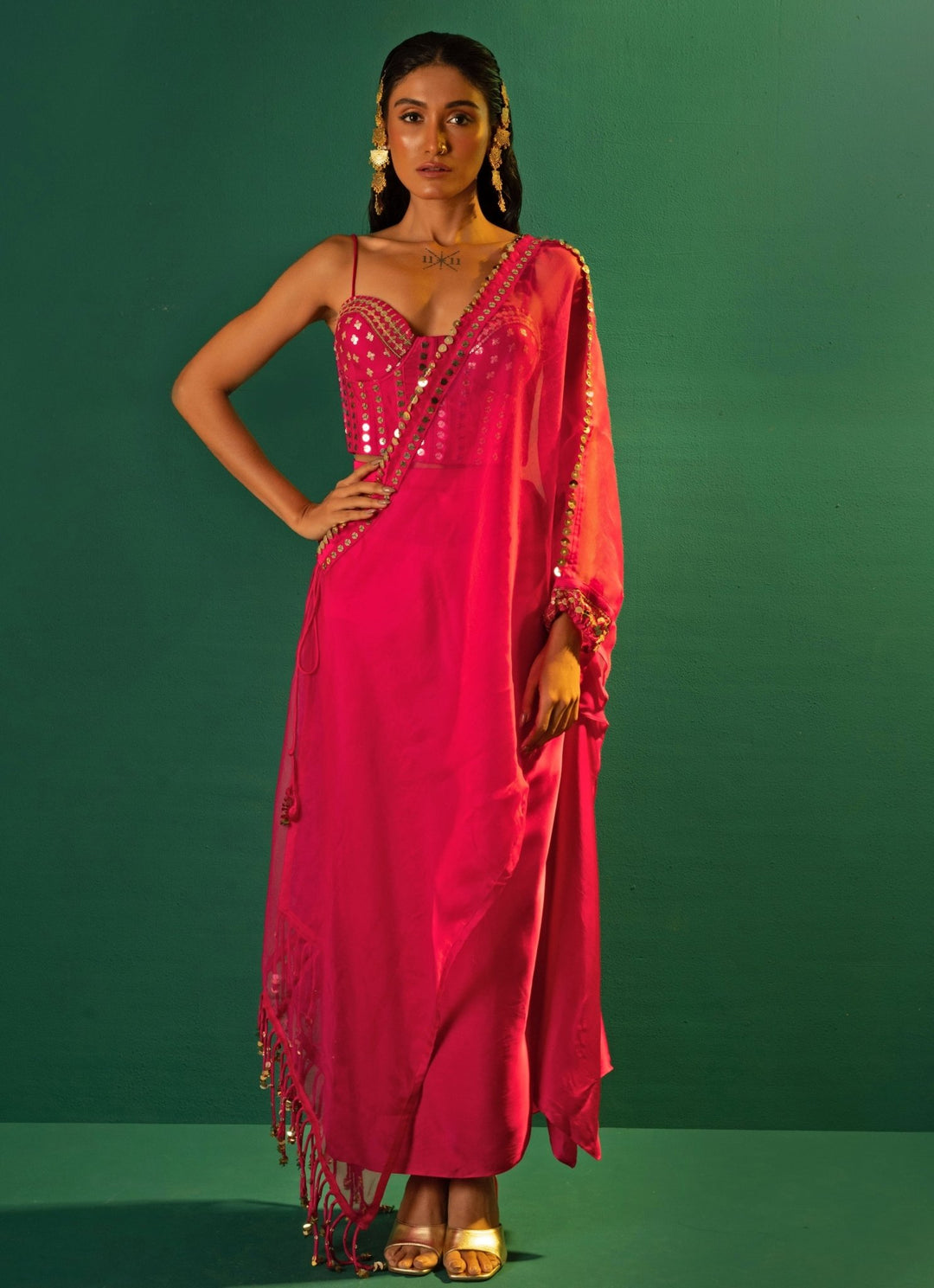 Pink Embroidered Satin Semi - Ruffled Skirt Set With Cape Prahnaaya - Fabilicious Fashion
