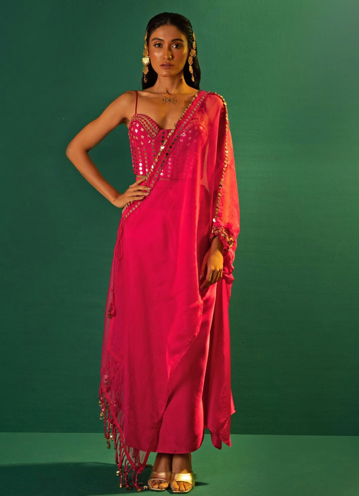 Pink Embroidered Satin Semi - Ruffled Skirt Set With Cape Prahnaaya - Fabilicious Fashion