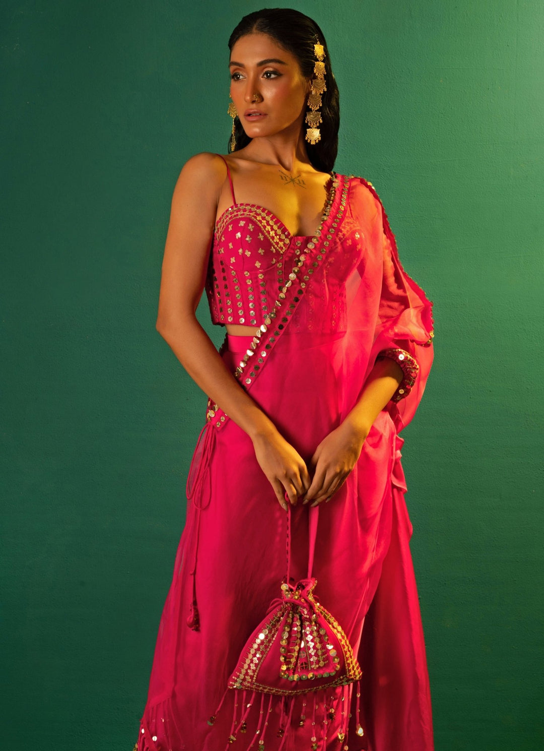 Pink Embroidered Satin Semi - Ruffled Skirt Set With Cape Prahnaaya - Fabilicious Fashion