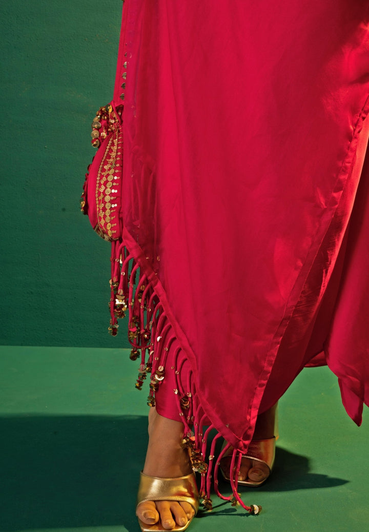 Pink Embroidered Satin Semi - Ruffled Skirt Set With Cape Prahnaaya - Fabilicious Fashion