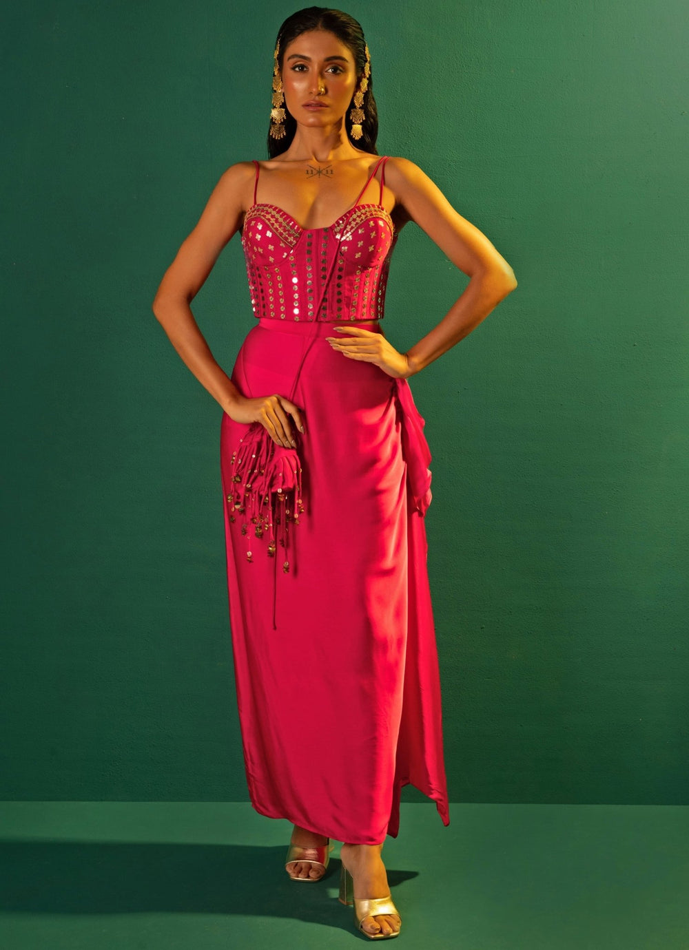 Pink Embroidered Satin Semi Ruffled Skirt Set Prahnaaya - Fabilicious Fashion