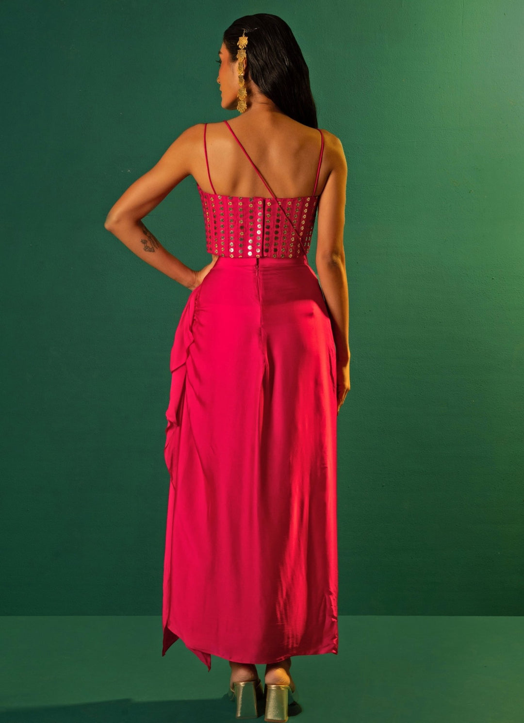 Pink Embroidered Satin Semi Ruffled Skirt Set Prahnaaya - Fabilicious Fashion