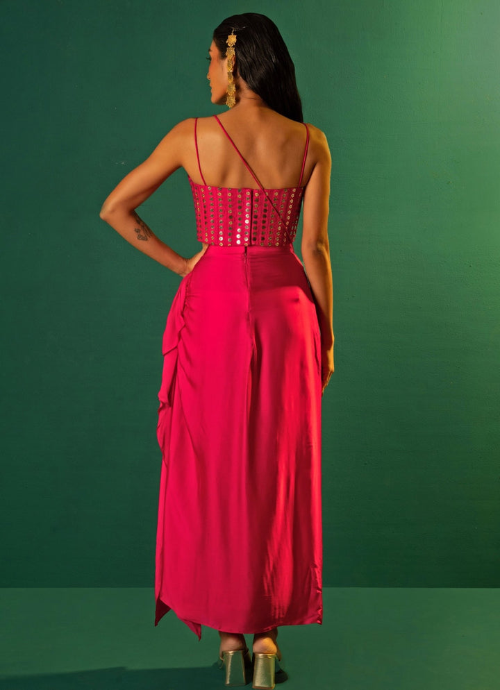 Pink Embroidered Satin Semi Ruffled Skirt Set Prahnaaya - Fabilicious Fashion