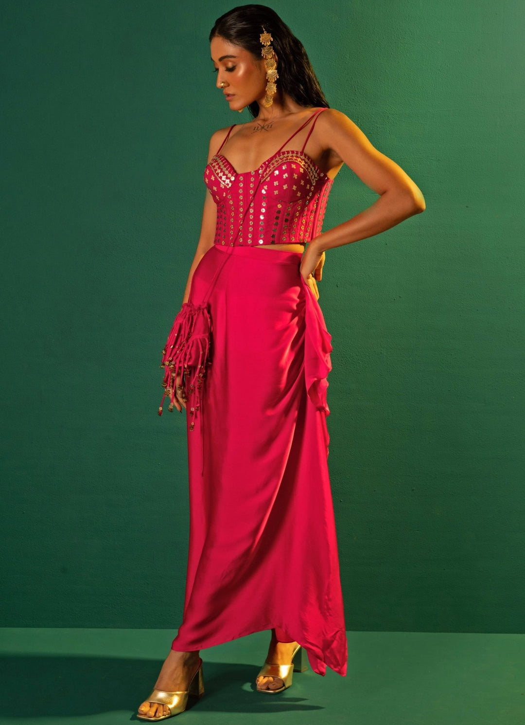 Pink Embroidered Satin Semi Ruffled Skirt Set Prahnaaya - Fabilicious Fashion