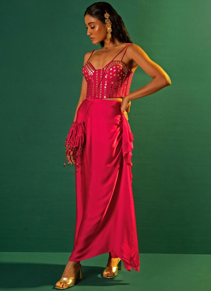 Pink Embroidered Satin Semi Ruffled Skirt Set Prahnaaya - Fabilicious Fashion