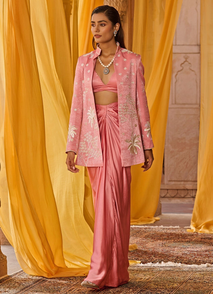 Pink Embroidered Satin Skirt Set With Jacket Zoon Tribe - Fabilicious Fashion