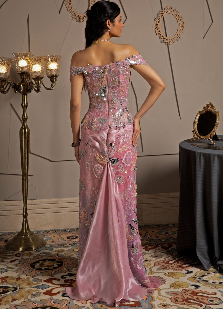 Pink Embroidered Shimmer Net Predraped Saree Set With Corset Moledro - Fabilicious Fashion