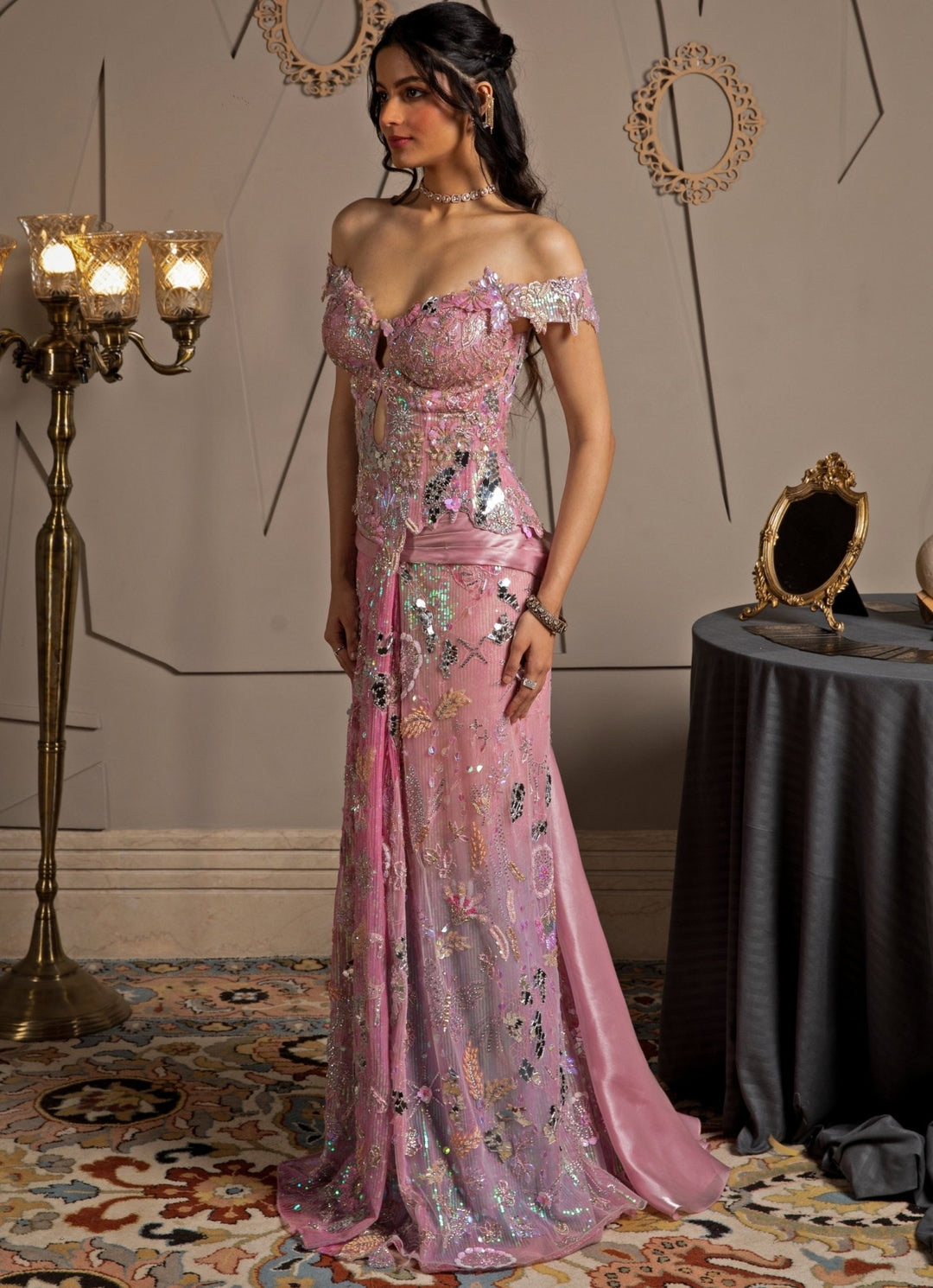 Pink Embroidered Shimmer Net Predraped Saree Set With Corset Moledro - Fabilicious Fashion