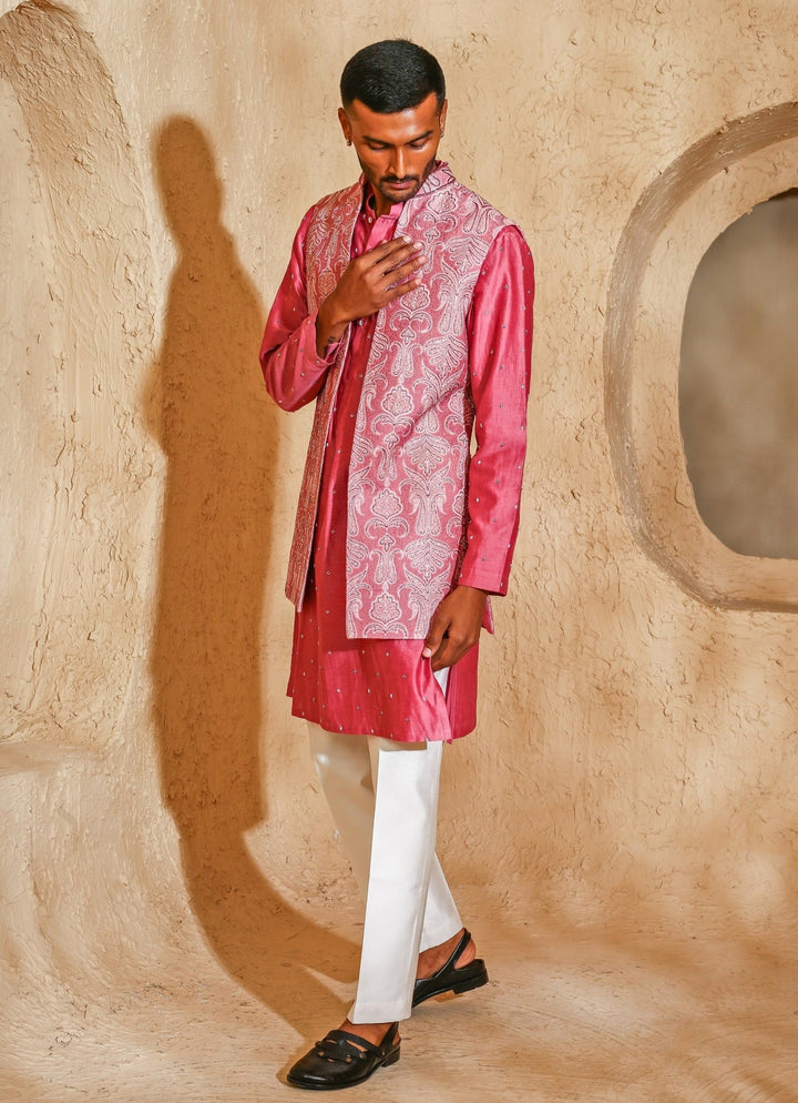 Pink Embroidered Silk Blend Kurta Jacket Set Chatenya Mittal - Fabilicious Fashion