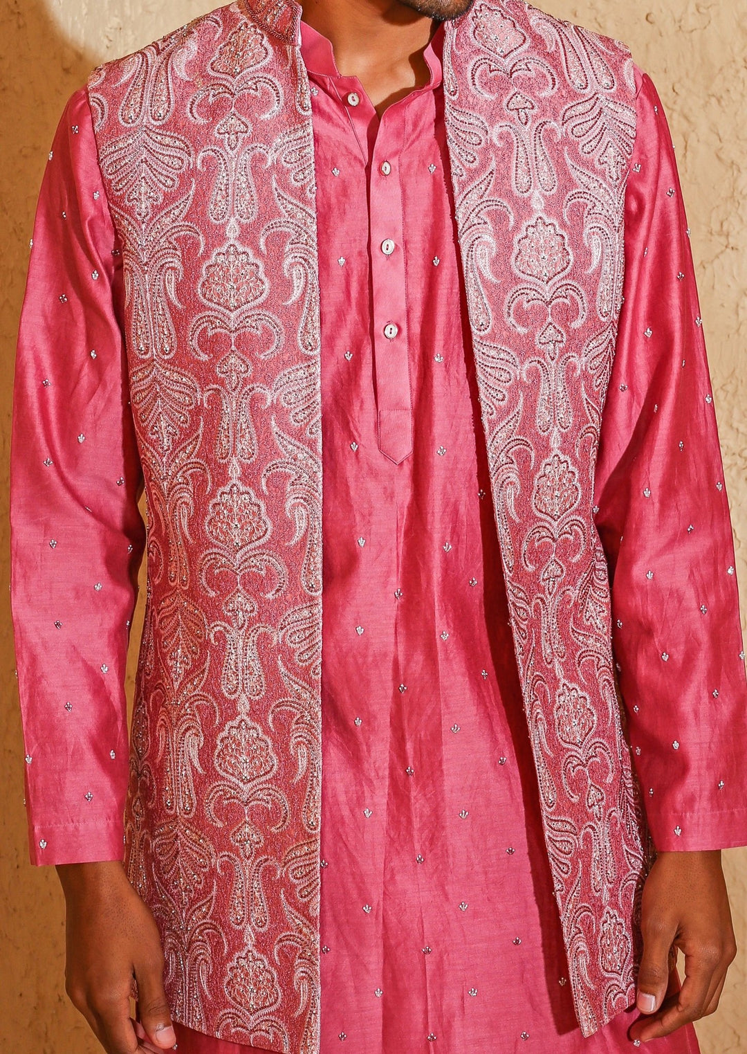 Pink Embroidered Silk Blend Kurta Jacket Set Chatenya Mittal - Fabilicious Fashion