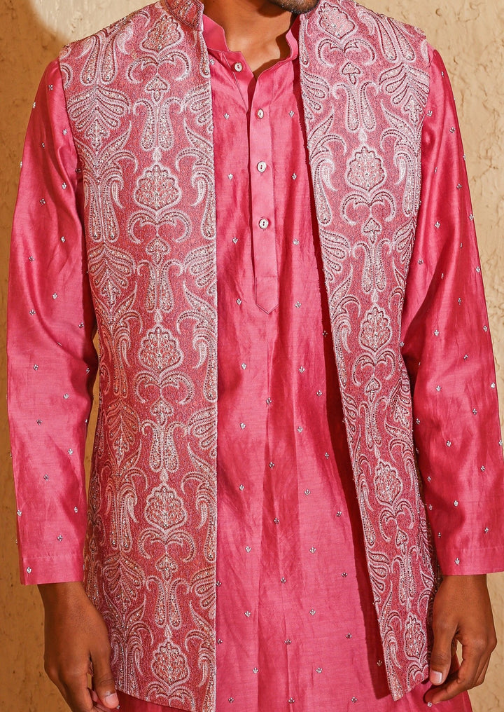 Pink Embroidered Silk Blend Kurta Jacket Set Chatenya Mittal - Fabilicious Fashion