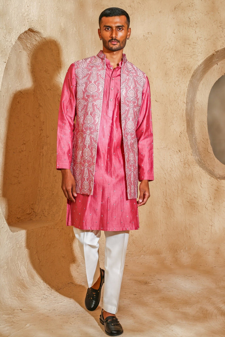 Pink Embroidered Silk Blend Kurta Jacket Set Chatenya Mittal - Fabilicious Fashion