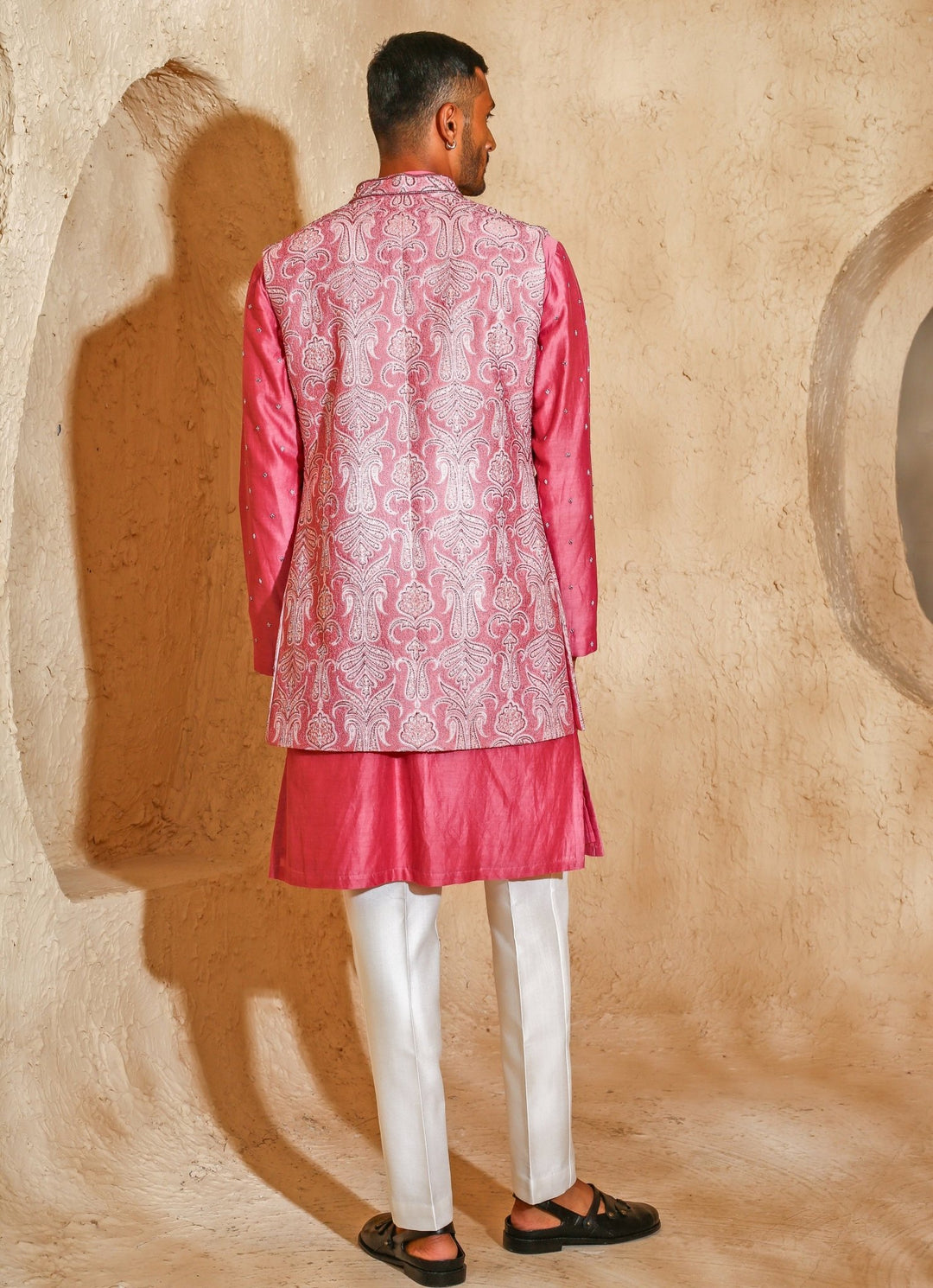Pink Embroidered Silk Blend Kurta Jacket Set Chatenya Mittal - Fabilicious Fashion