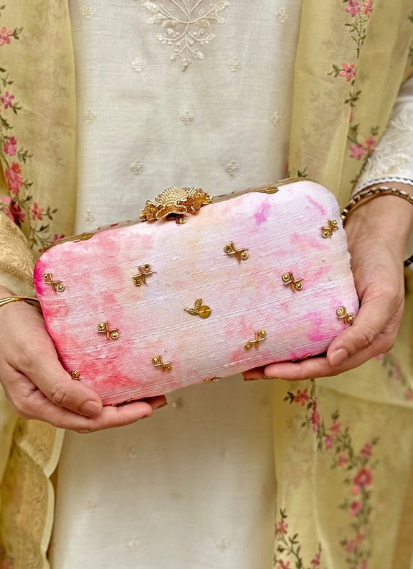 Pink Embroidered Silk Clutch