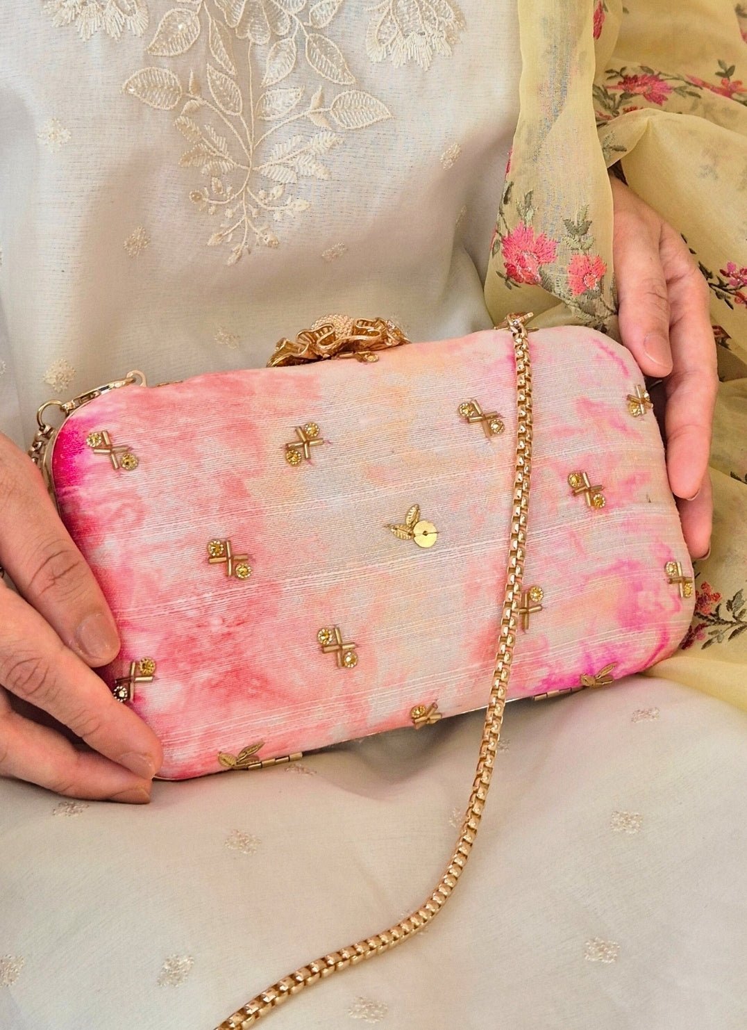 Amyra Pink Embroidered Silk ClutchFabilicious Fashion