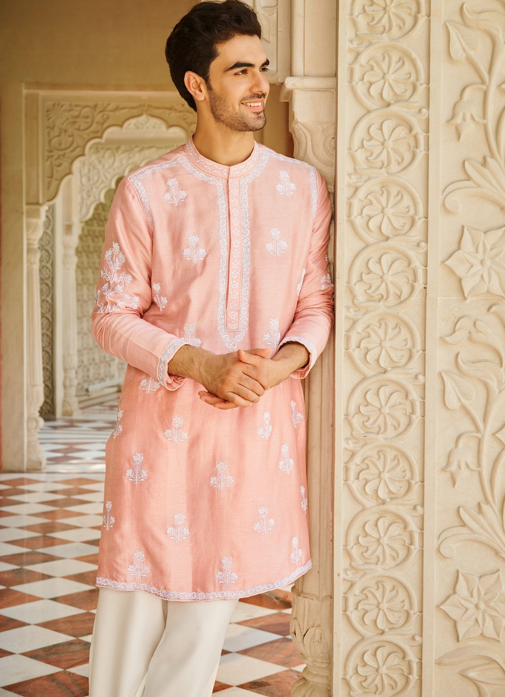 Pink Embroidered Silk Kurta Set Contrast By Parth - Fabilicious Fashion