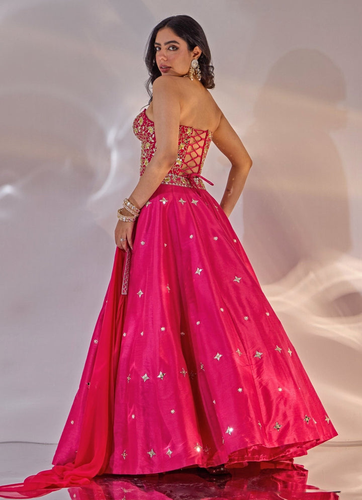 Pink Embroidered Silk Lehenga Set With Corset Blouse Rashika Sharma - Fabilicious Fashion