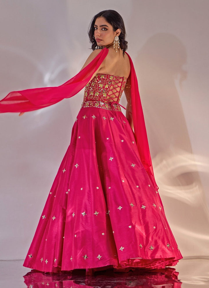 Pink Embroidered Silk Lehenga Set With Corset Blouse Rashika Sharma - Fabilicious Fashion