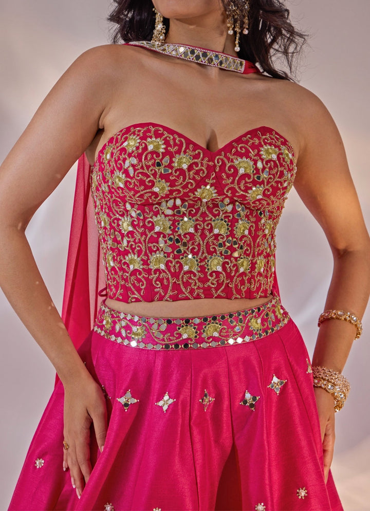 Pink Embroidered Silk Lehenga Set With Corset Blouse Rashika Sharma - Fabilicious Fashion