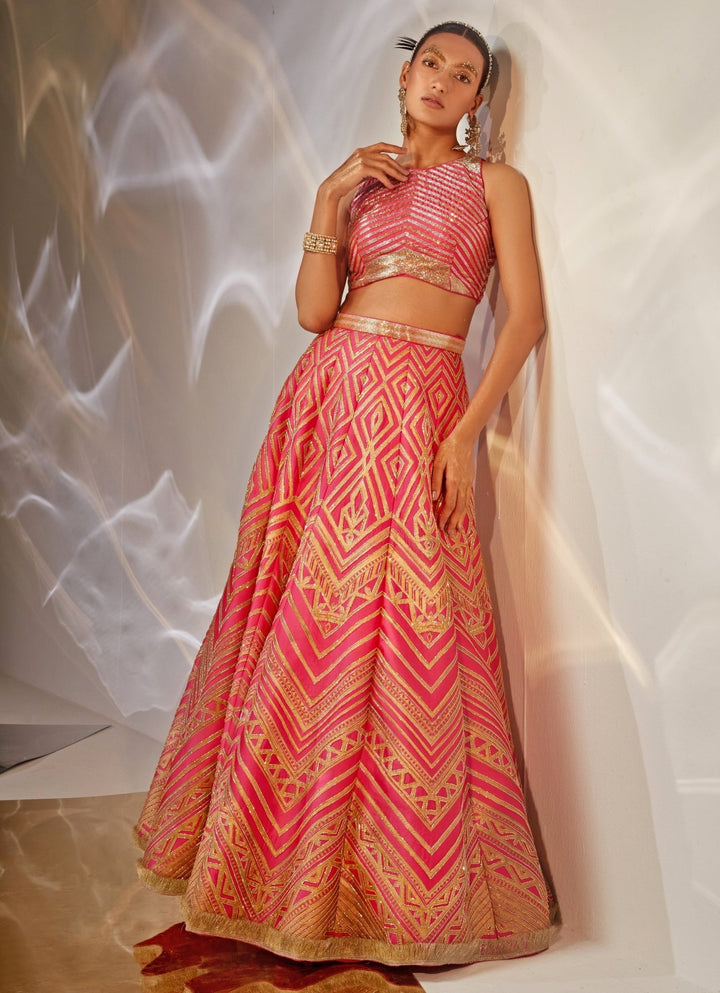 Pink Embroidered Silk Lehenga Set Akara - Fabilicious Fashion