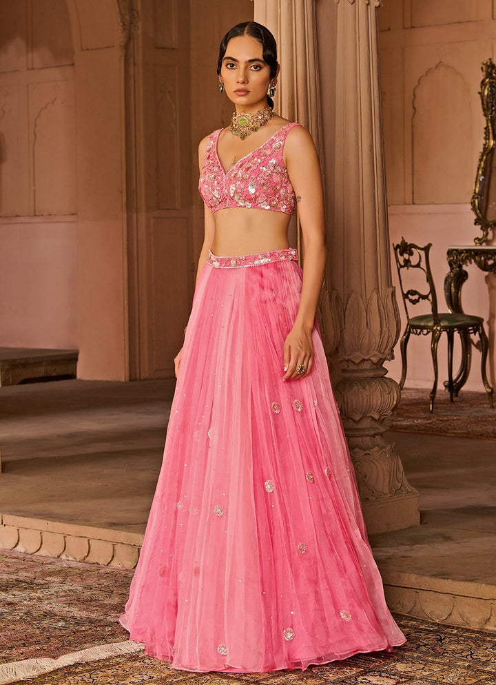 Pink Embroidered Silk Organza Lehenga Set Zoon Tribe - Fabilicious Fashion