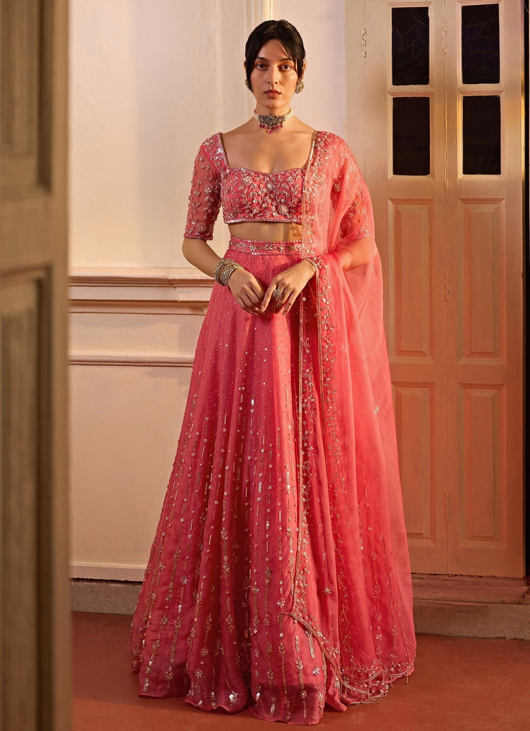 Pink Embroidered Silk Organza Lehenga Set Zoon Tribe - Fabilicious Fashion
