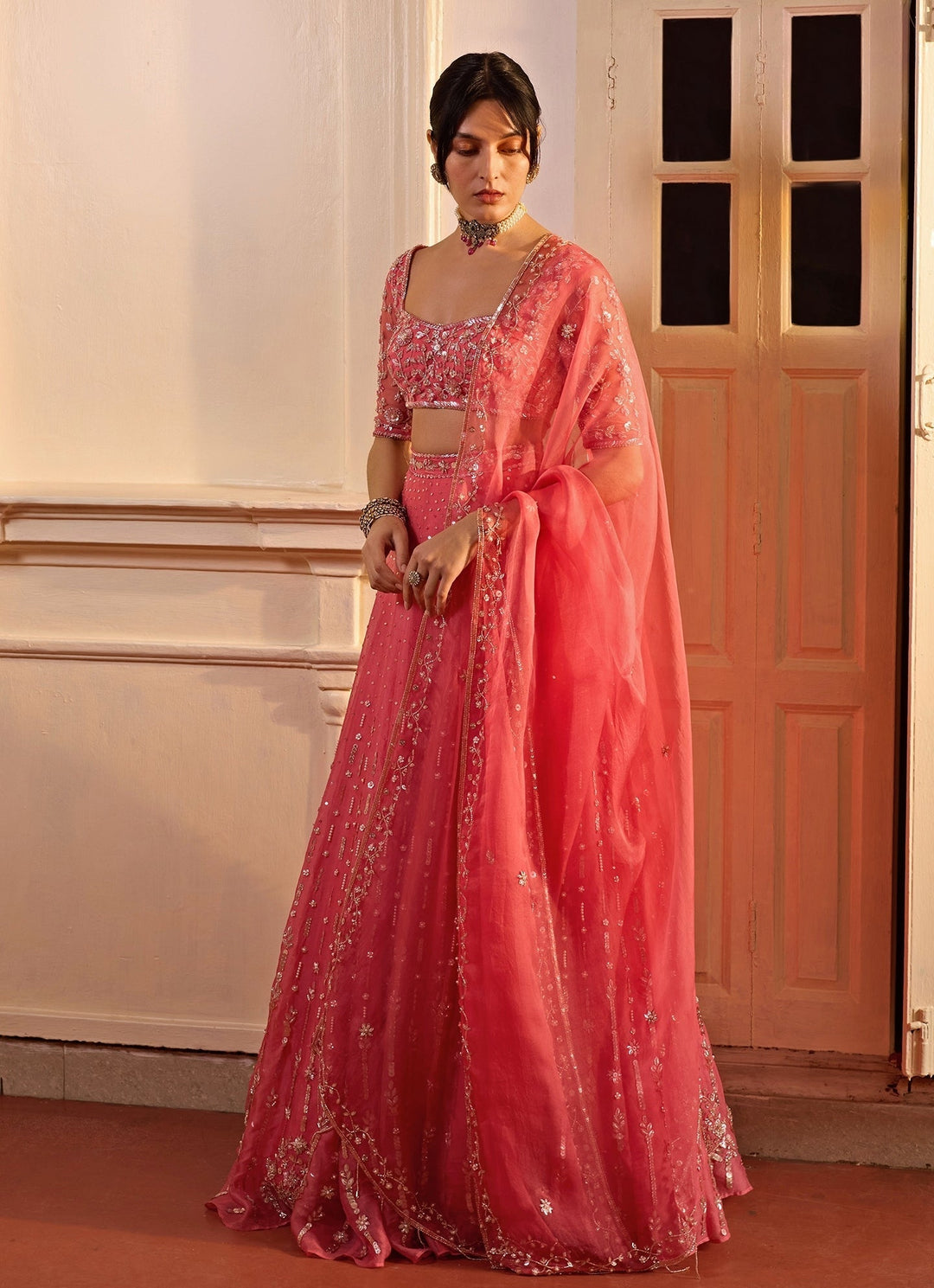 Pink Embroidered Silk Organza Lehenga Set Zoon Tribe - Fabilicious Fashion