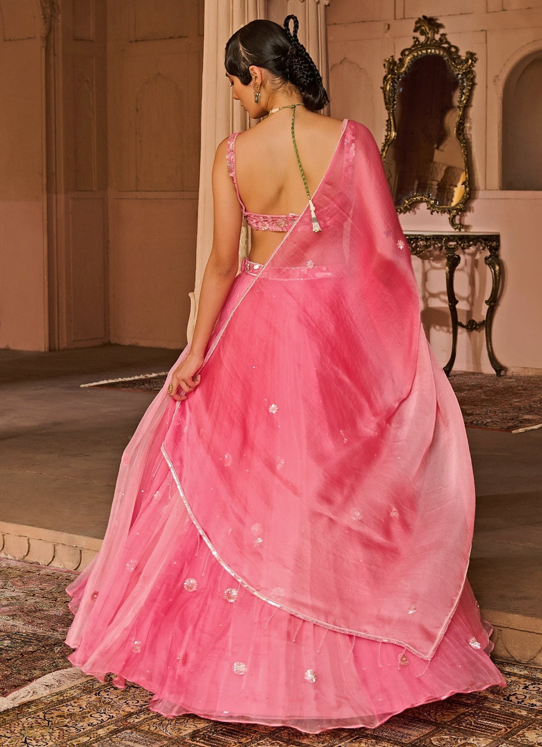 Pink Embroidered Silk Organza Lehenga Set Zoon Tribe - Fabilicious Fashion