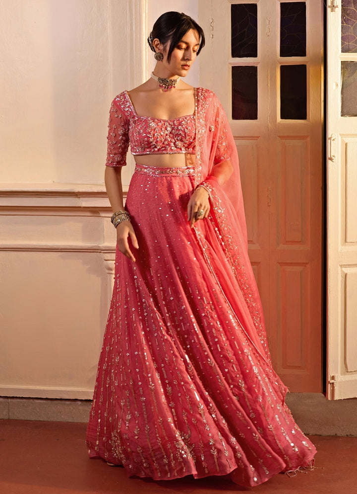 Pink Embroidered Silk Organza Lehenga Set Zoon Tribe - Fabilicious Fashion