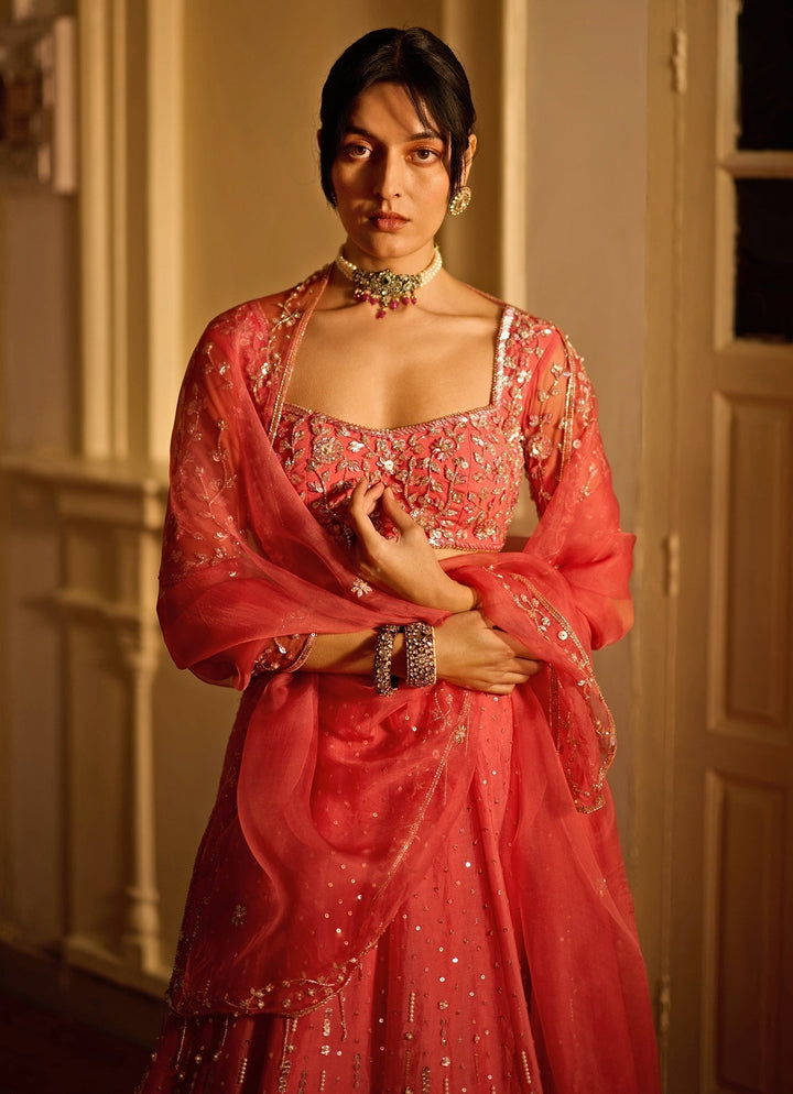 Pink Embroidered Silk Organza Lehenga Set Zoon Tribe - Fabilicious Fashion