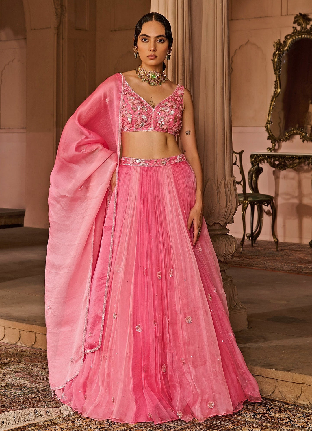 Pink Embroidered Silk Organza Lehenga Set Zoon Tribe - Fabilicious Fashion