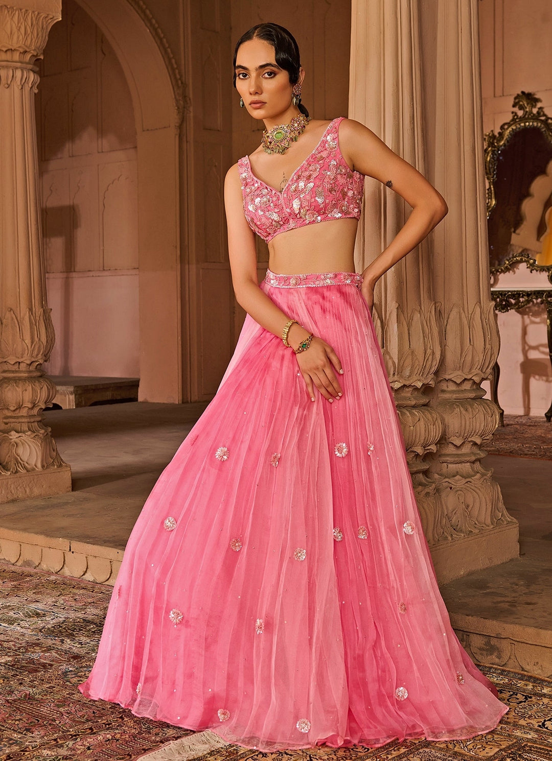 Pink Embroidered Silk Organza Lehenga Set Zoon Tribe - Fabilicious Fashion
