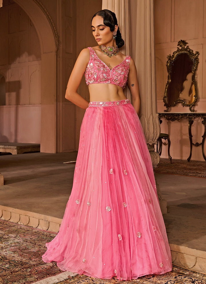 Pink Embroidered Silk Organza Lehenga Set Zoon Tribe - Fabilicious Fashion