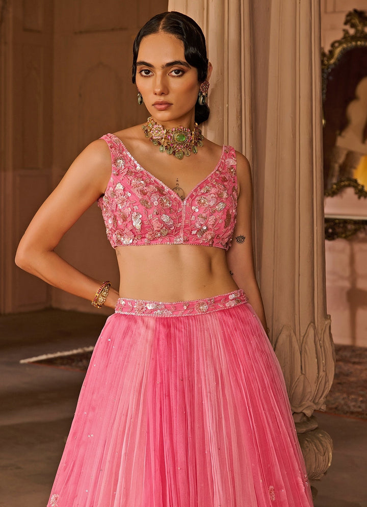 Pink Embroidered Silk Organza Lehenga Set Zoon Tribe - Fabilicious Fashion