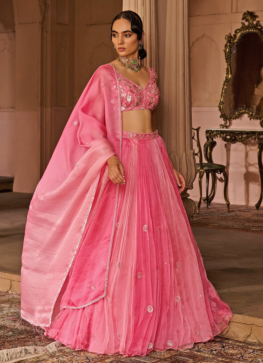 Pink Embroidered Silk Organza Lehenga Set Zoon Tribe - Fabilicious Fashion