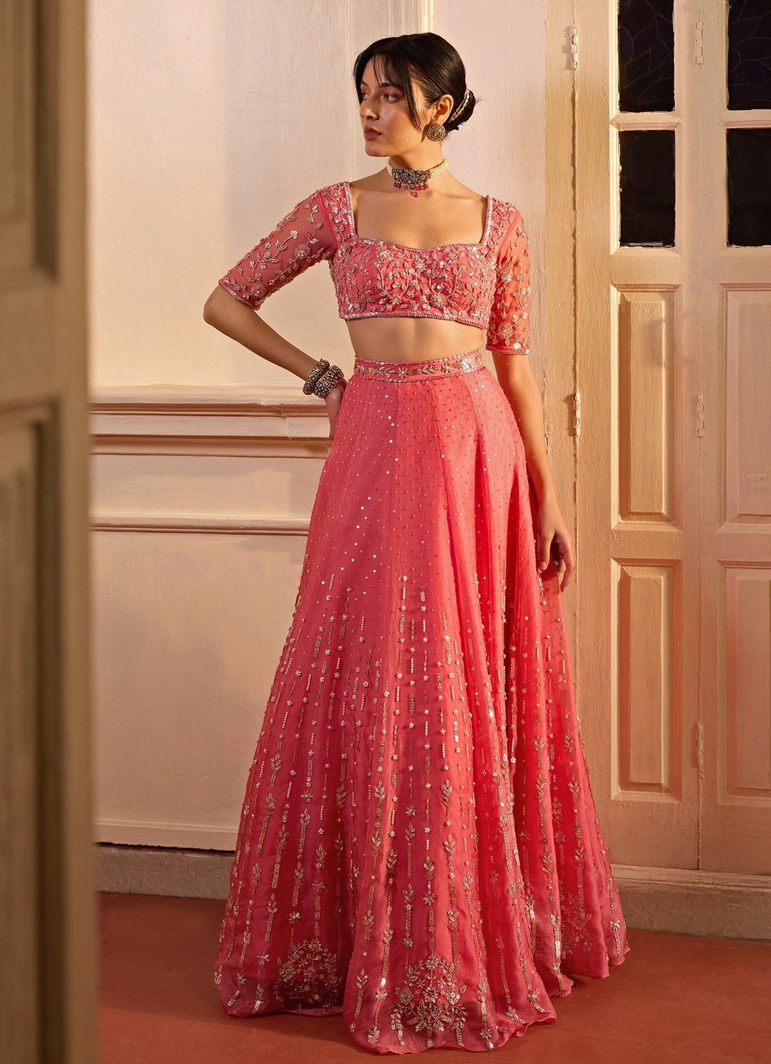 Pink Embroidered Silk Organza Lehenga Set Zoon Tribe - Fabilicious Fashion