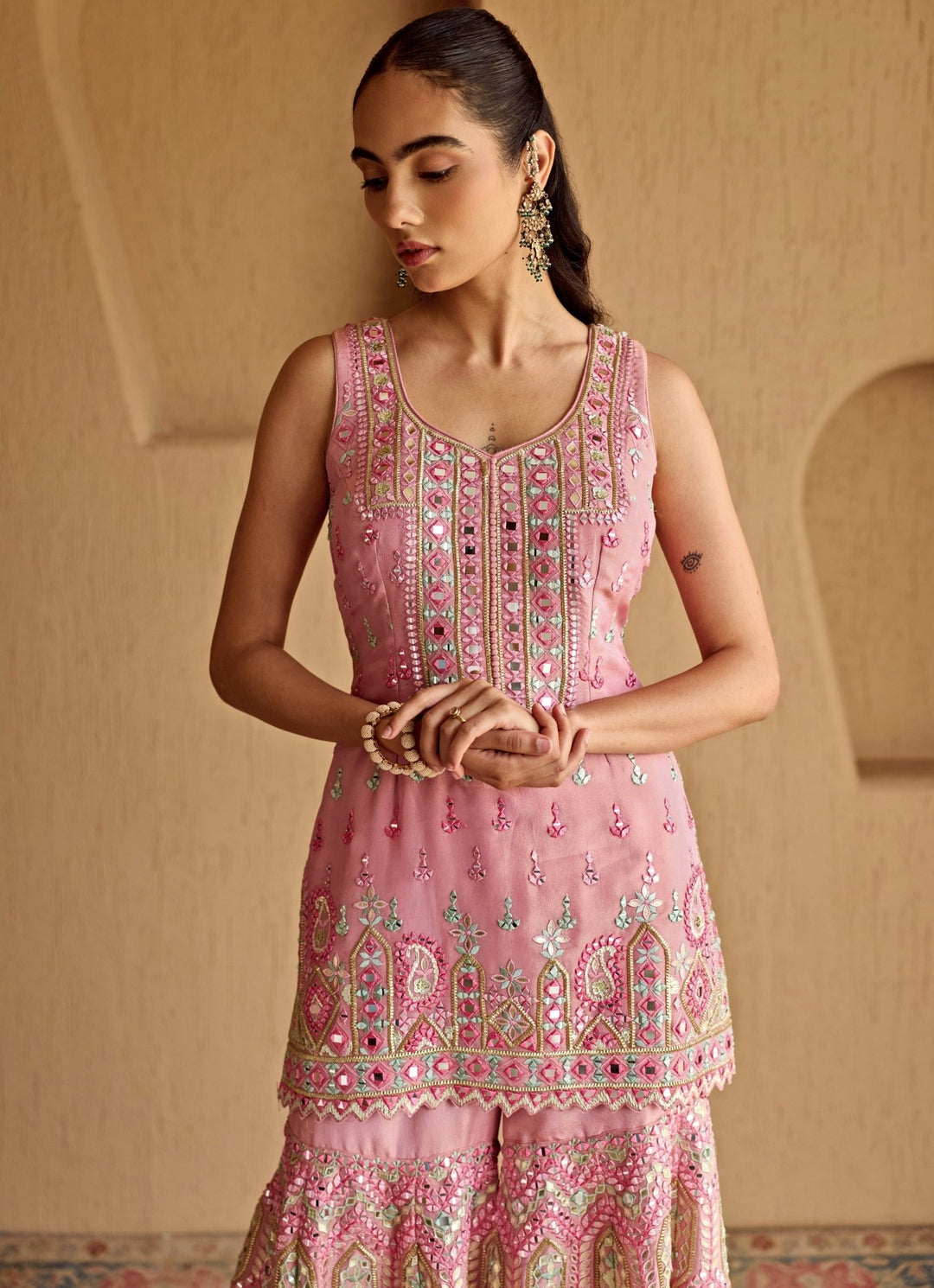 Pink Embroidered Tissue Kurta Garara Set Suhino - Fabilicious Fashion